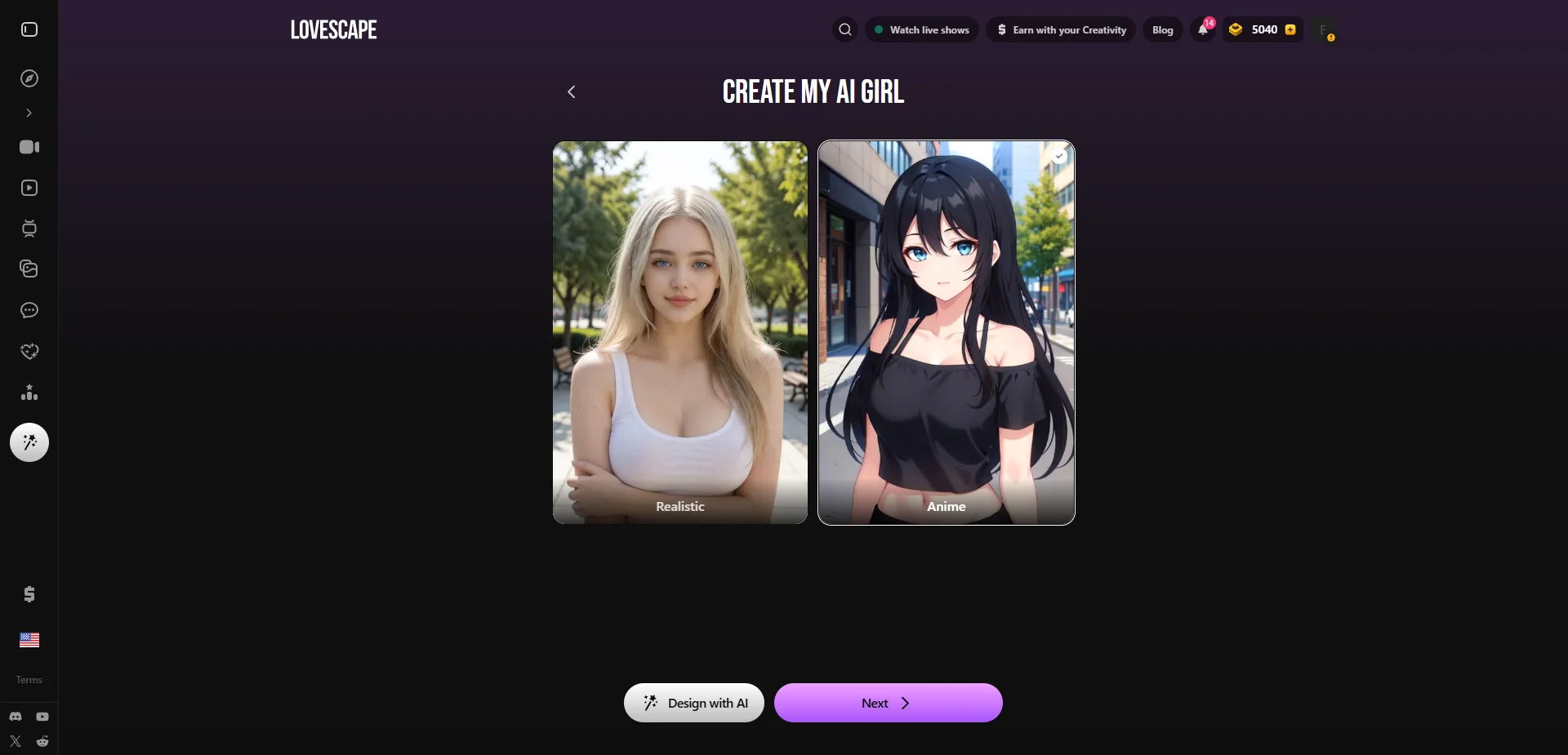 Lovescape Create My AI Girl screen choosing between Realistic and Anime style