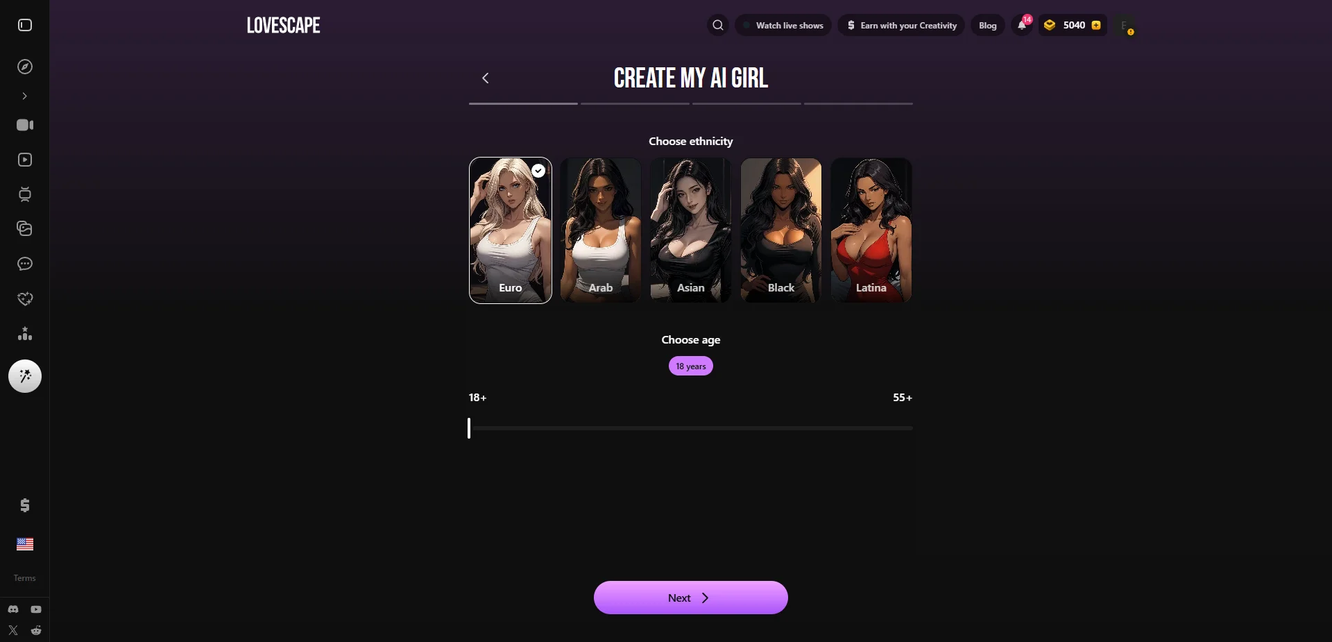 Lovescape Choose Ethnicity and Choose Age step with a slider from 18 to 55+