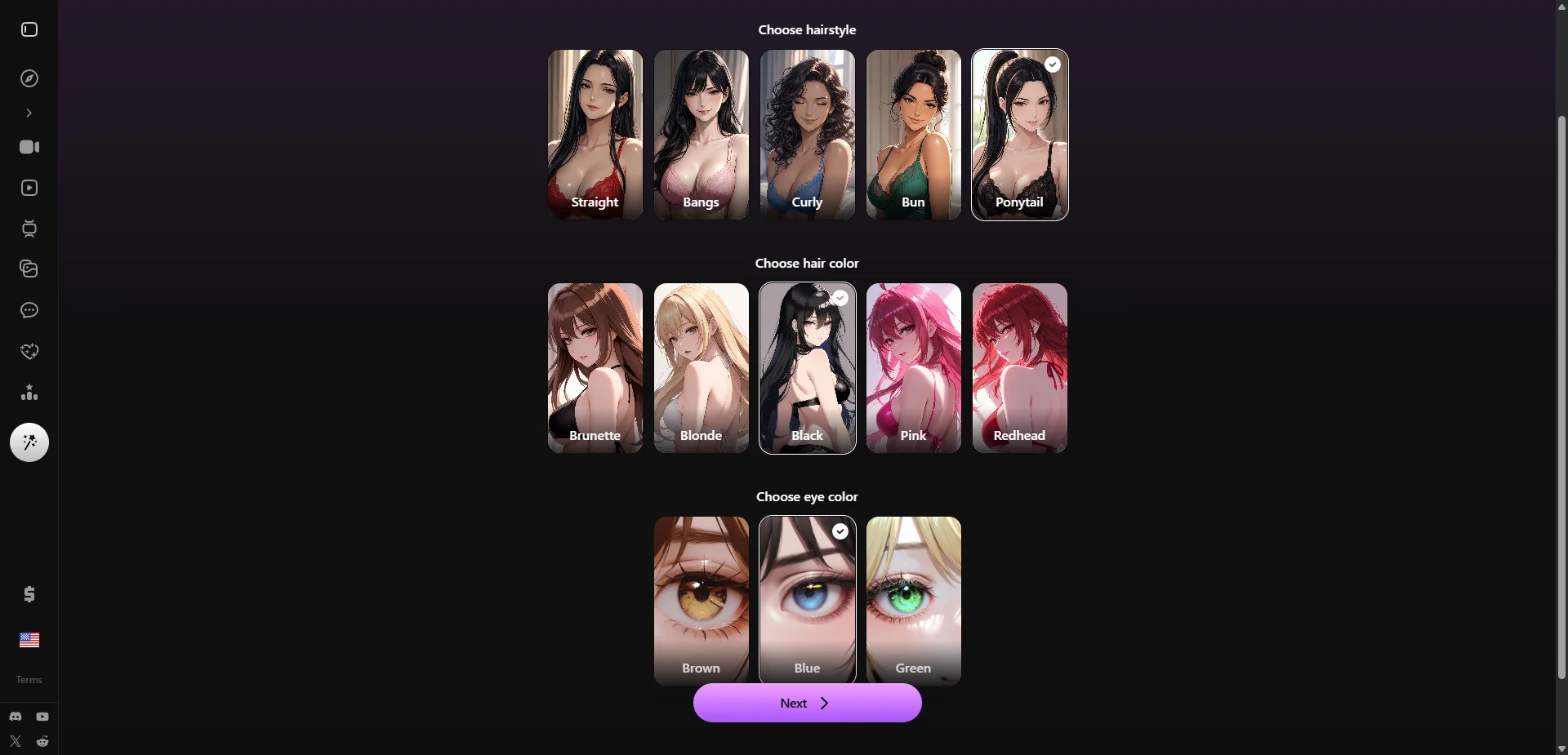 Lovescape Choose Hairstyle, Hair Color and Eye Color step