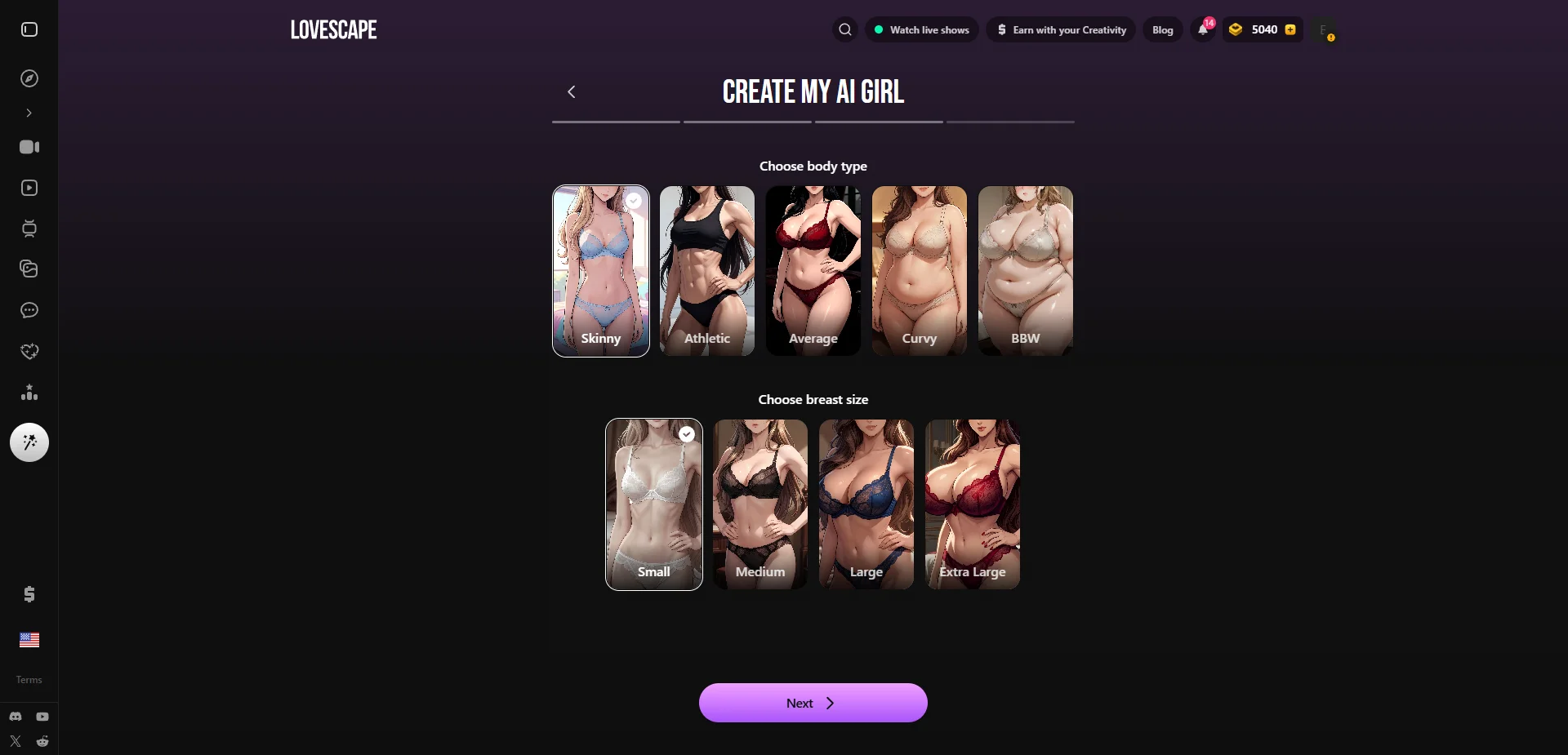 Lovescape Choose Body Type and Breast Size step