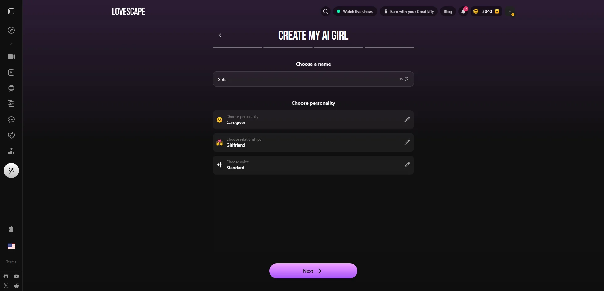Lovescape character builder: name, personality, relationship and voice