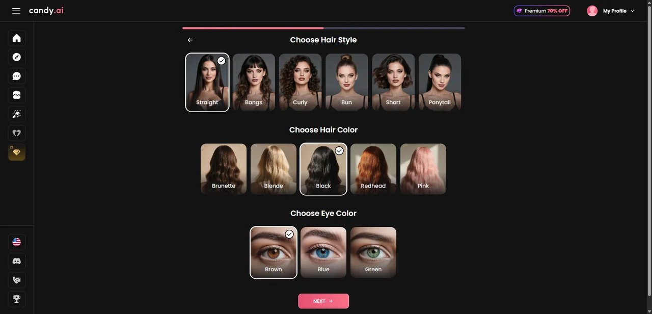 Candy.ai Choose Hair Style, Hair Color and Eye Color step