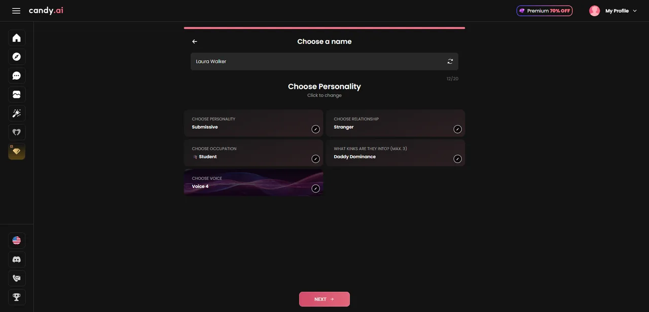 Candy.ai Choose a name and personality step with relationship, occupation, kinks and voice