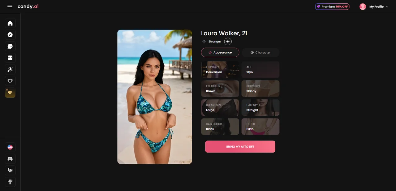 Candy.ai final character preview with the Bring my AI to Life button