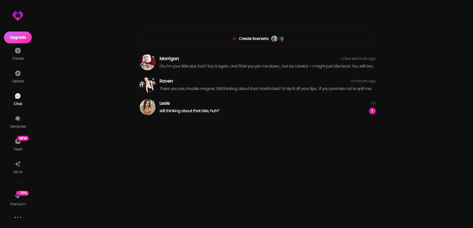 GoLove AI chat list with active companion conversations