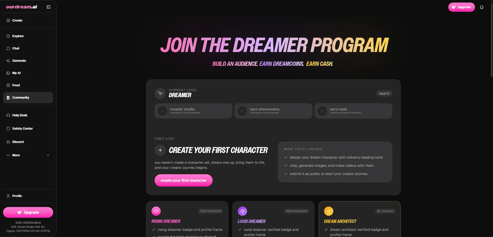 OurDream creator programme with the company registration in the sidebar footer