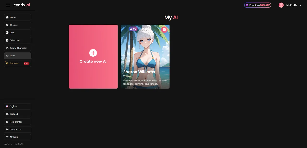 Candy.ai My AI page showing a created anime waifu character